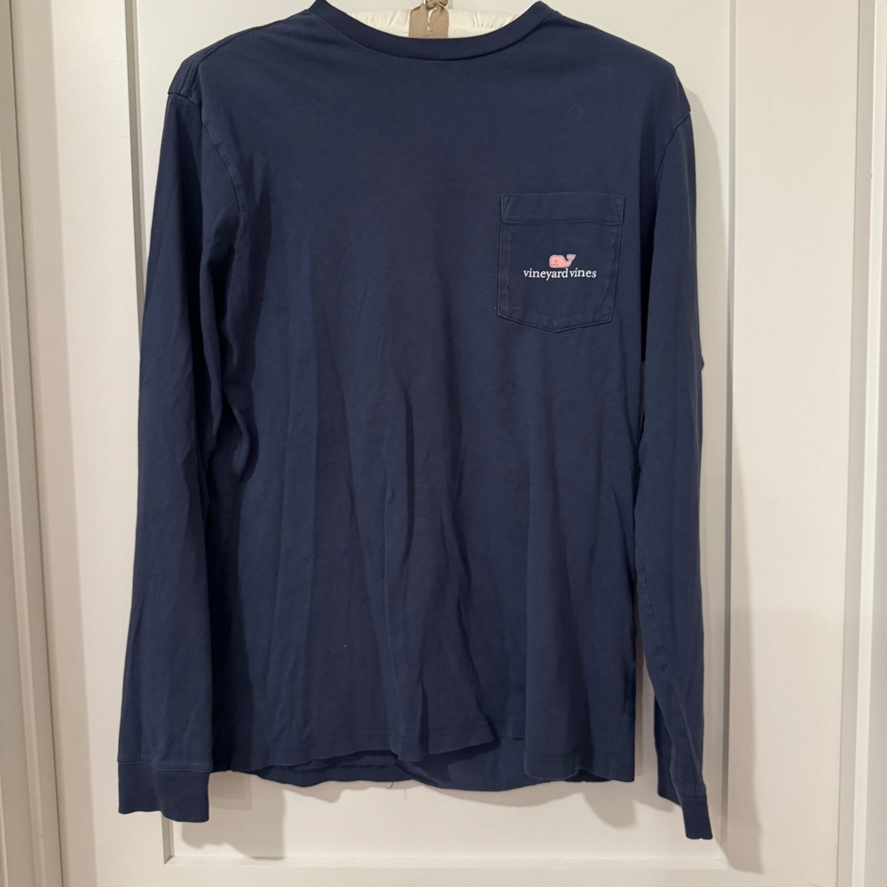 Vineyard Vines Mens Small Navy Blue Long Sleeve Whale Graphic Pocket T-Shirt